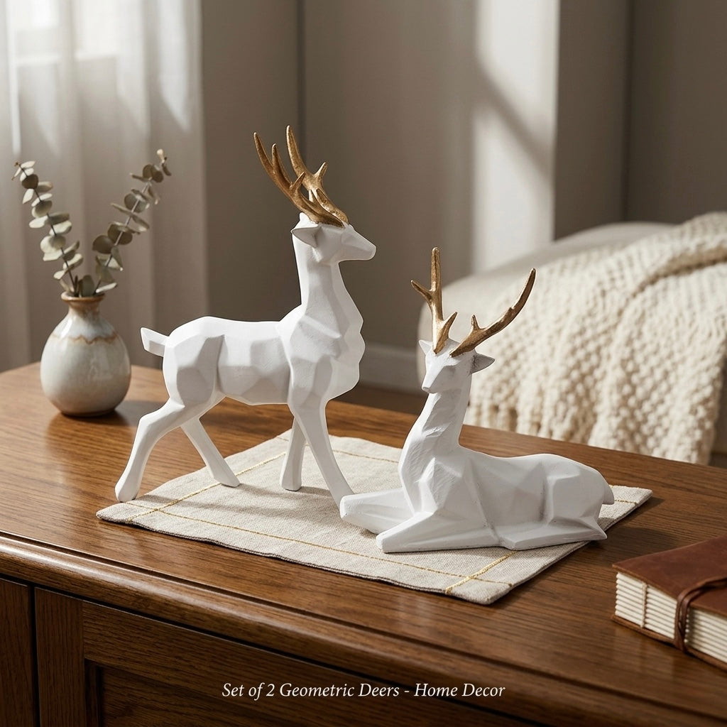 Modern White & Golden Deer Resin Showpiece Set for Home Decor