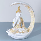 Luxury Golden & White Buddha Resin Showpiece with Moon Frame for Home Decor
