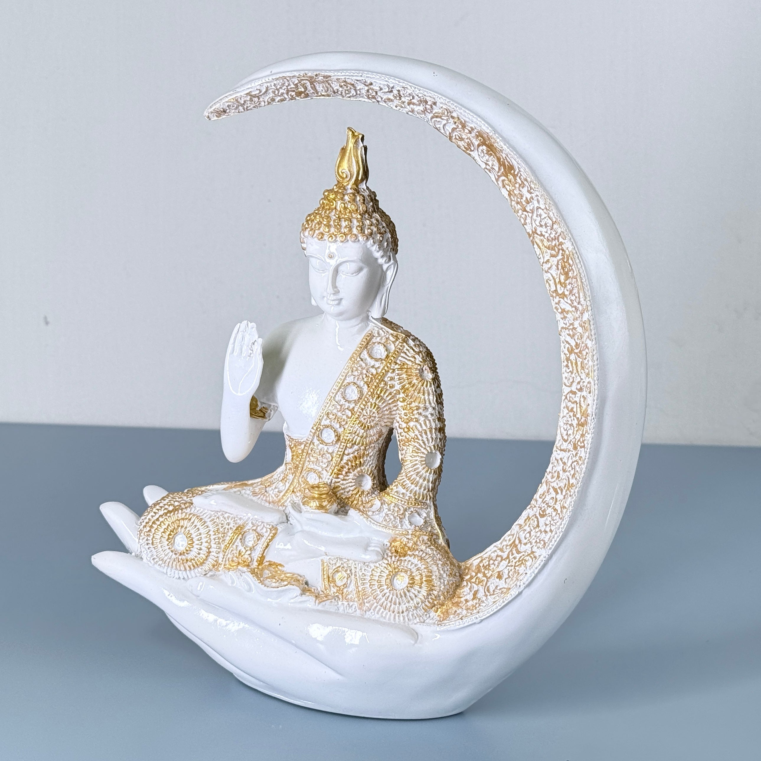 Luxury Golden & White Buddha Resin Showpiece with Moon Frame for Home Decor