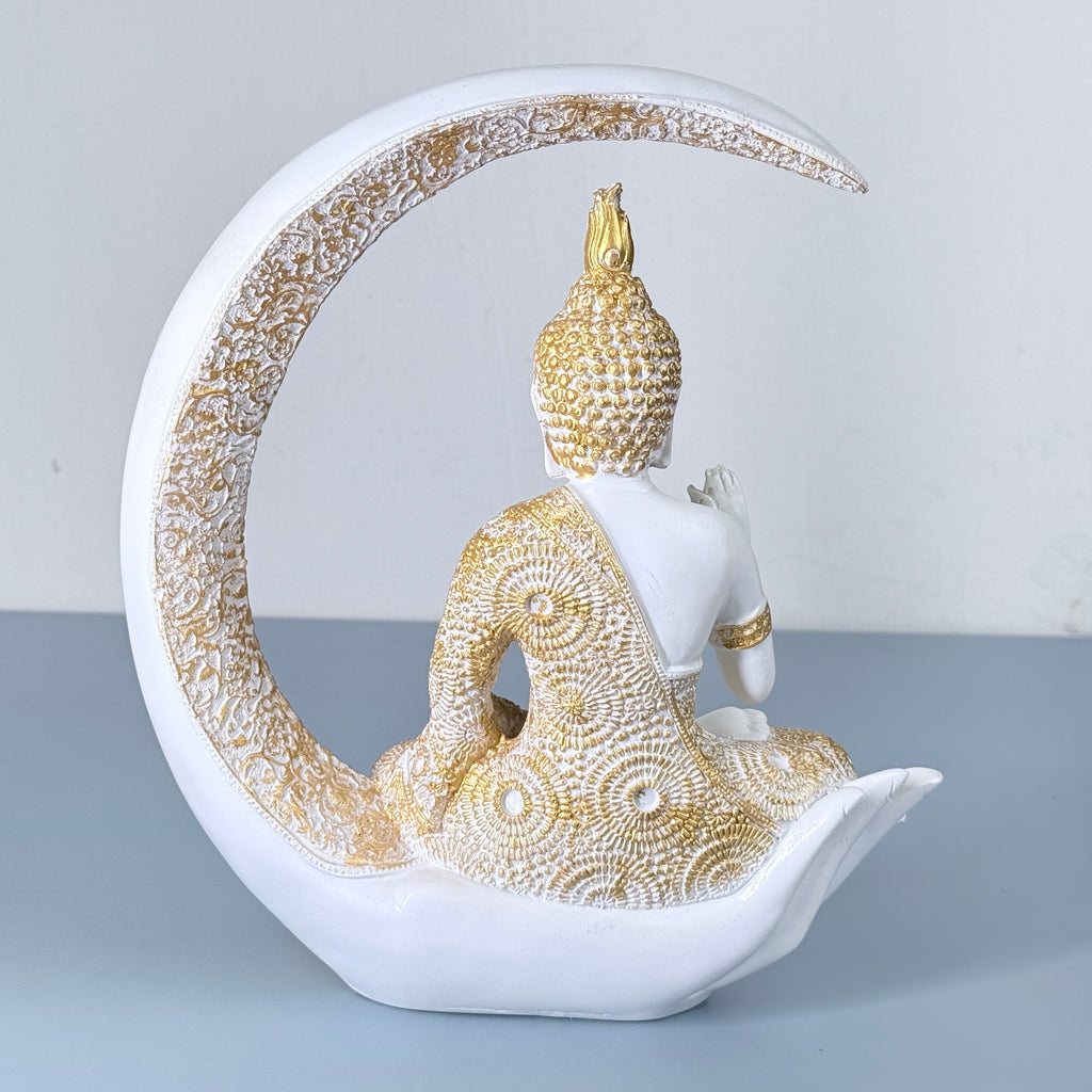 Luxury Golden & White Buddha Resin Showpiece with Moon Frame for Home Decor