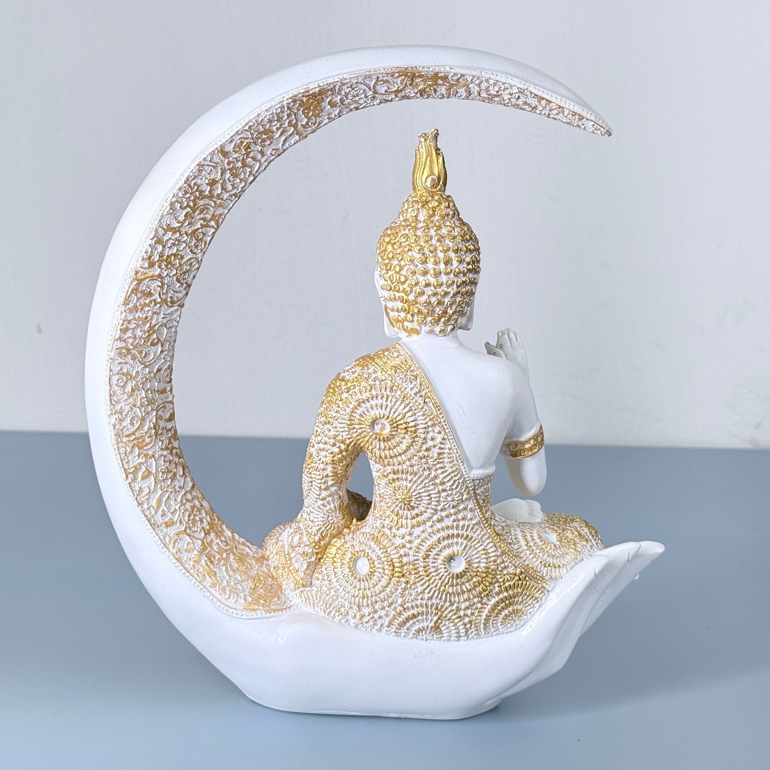 Luxury Golden & White Buddha Resin Showpiece with Moon Frame for Home Decor