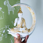 Luxury Golden & White Buddha Resin Showpiece with Moon Frame for Home Decor