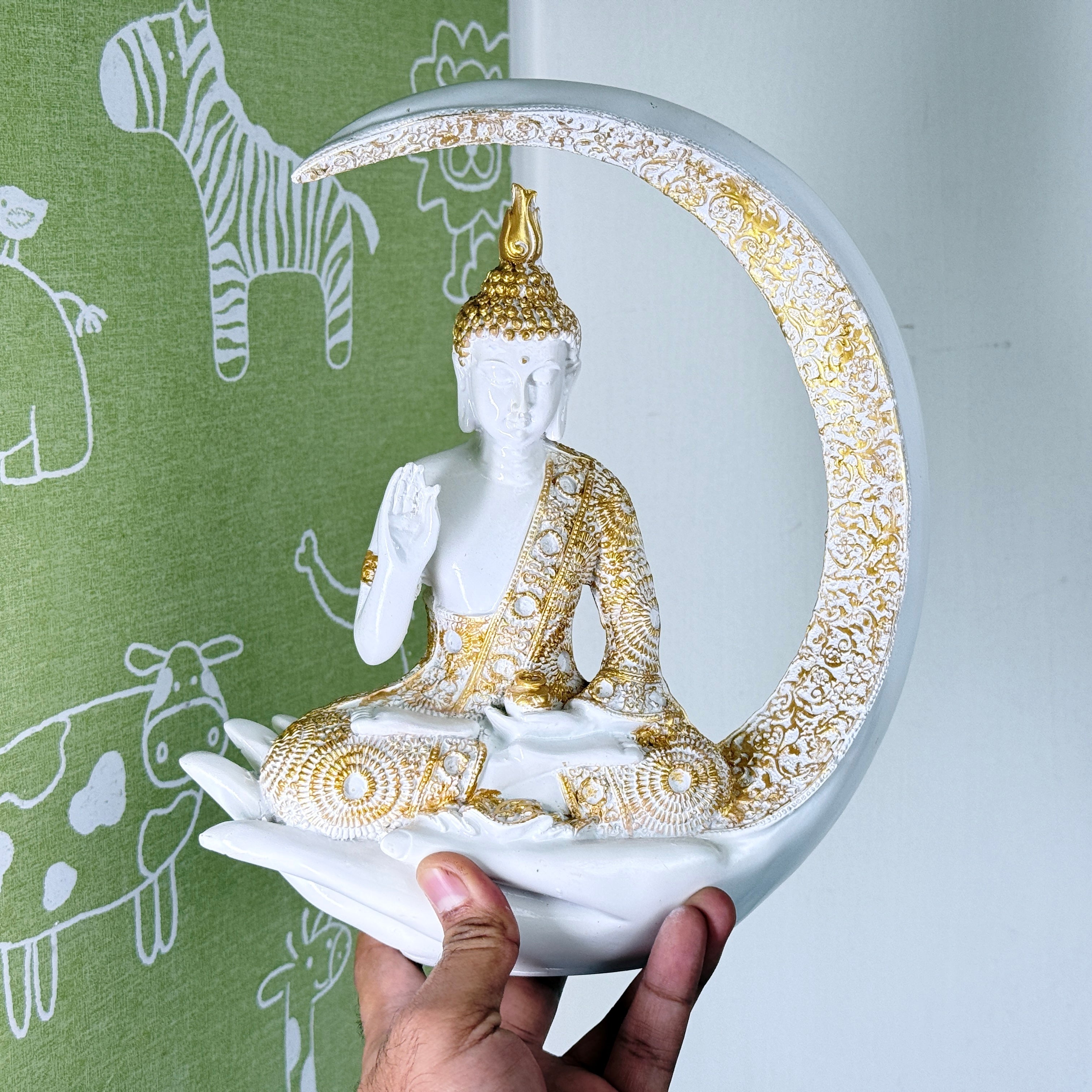 Luxury Golden & White Buddha Resin Showpiece with Moon Frame for Home Decor