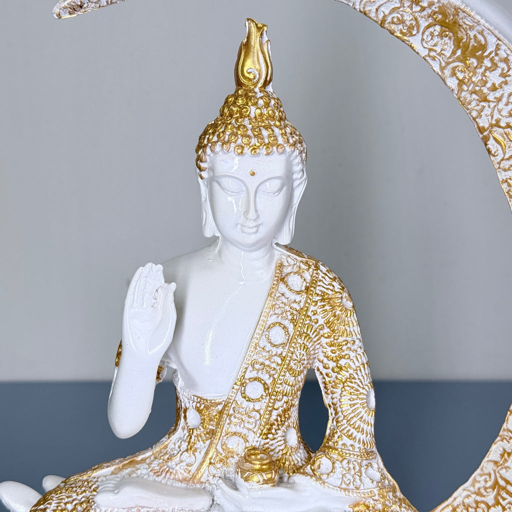 Luxury Golden & White Buddha Resin Showpiece with Moon Frame for Home Decor