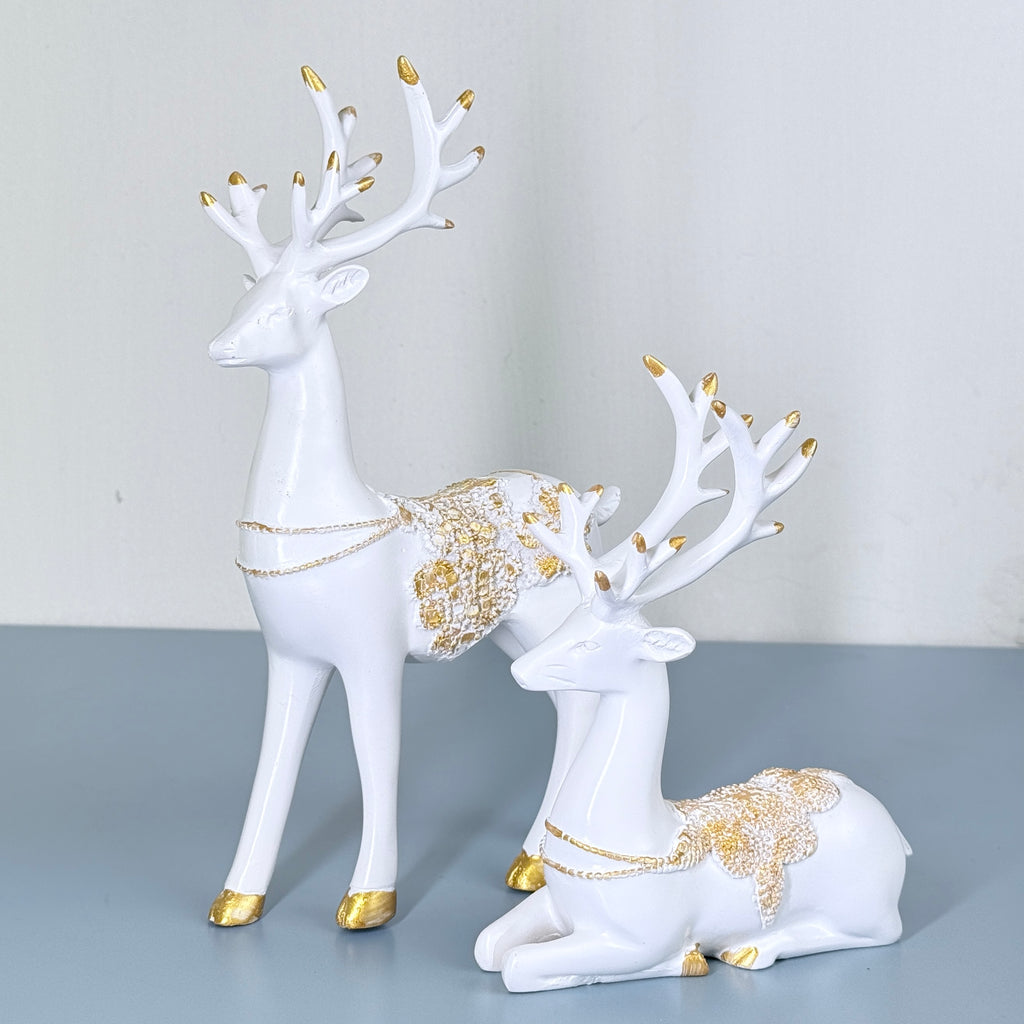Luxury White & Golden Deer Resin Showpiece Set for Home Decor
