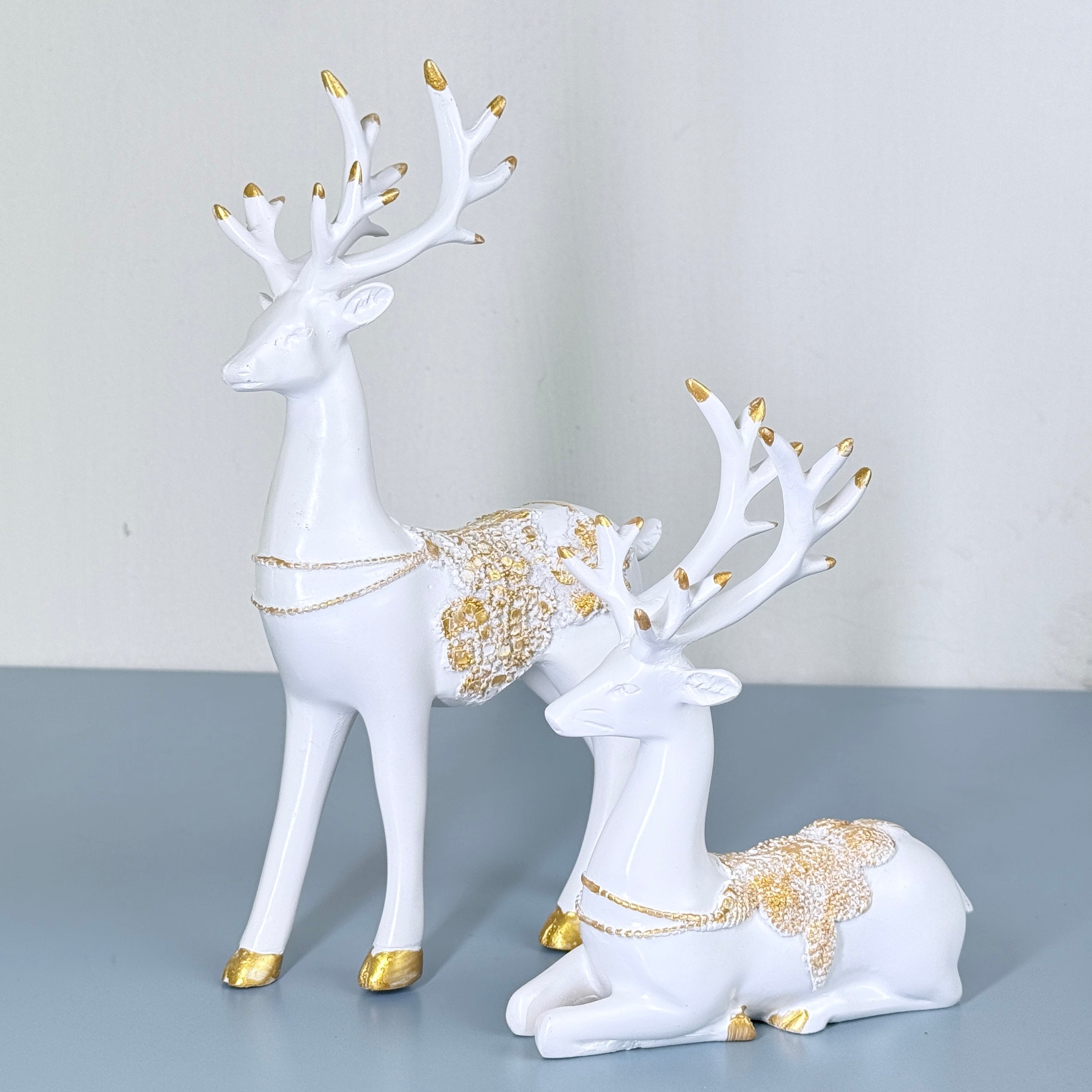 Luxury White & Golden Deer Resin Showpiece Set for Home Decor