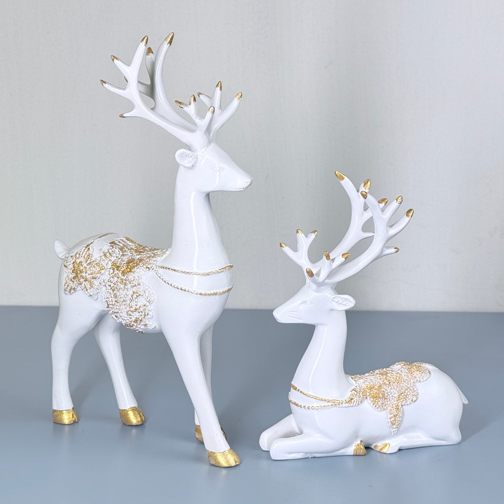 Luxury White & Golden Deer Resin Showpiece Set for Home Decor