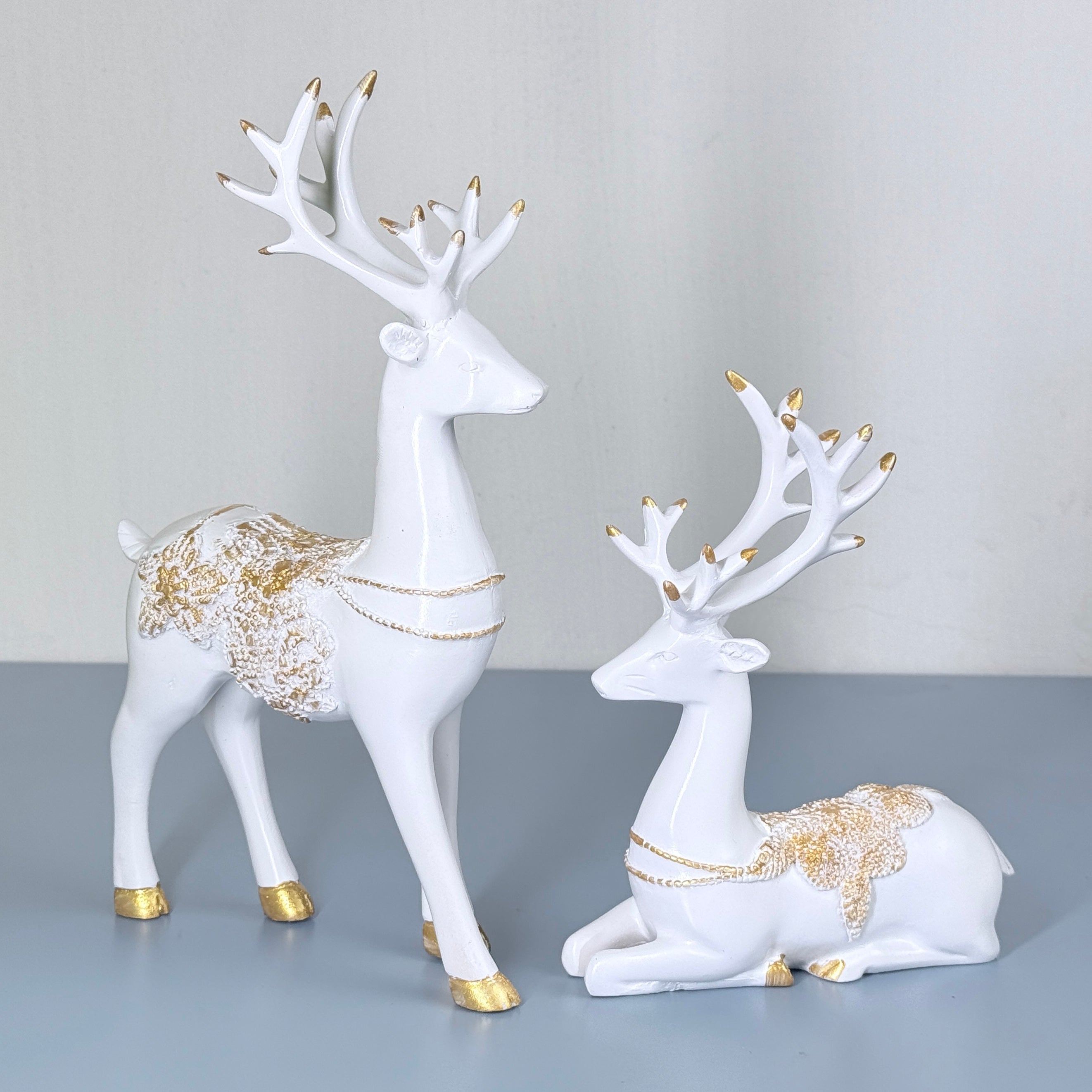 Luxury White & Golden Deer Resin Showpiece Set for Home Decor