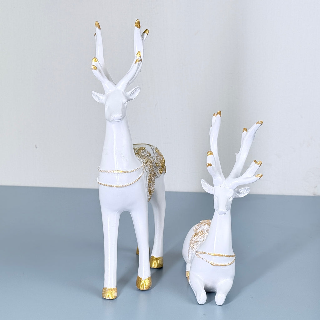 Luxury White & Golden Deer Resin Showpiece Set for Home Decor