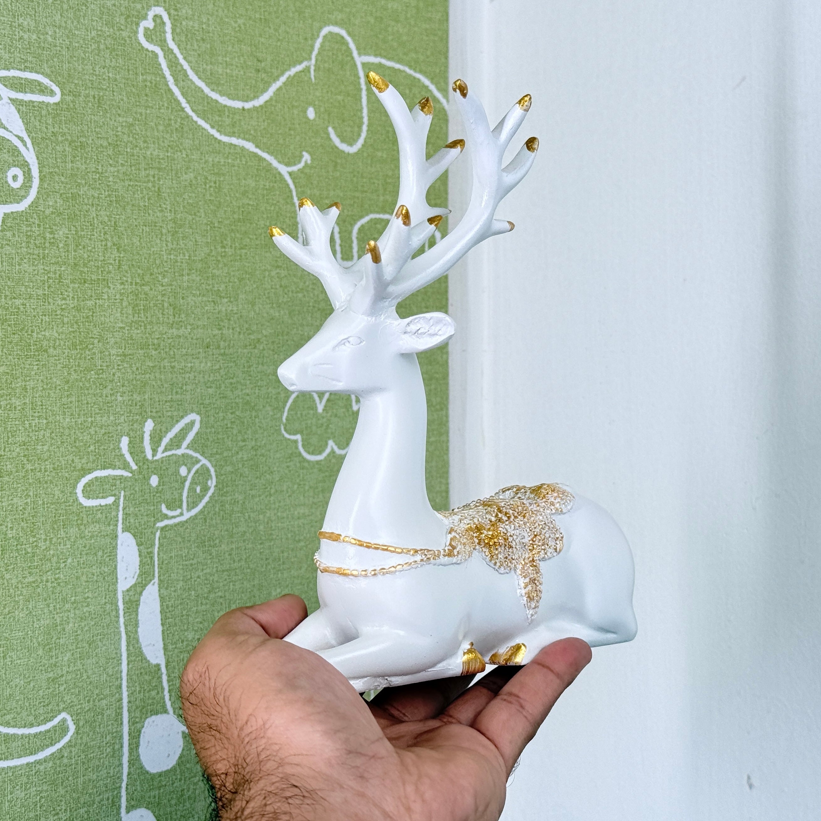 Luxury White & Golden Deer Resin Showpiece Set for Home Decor