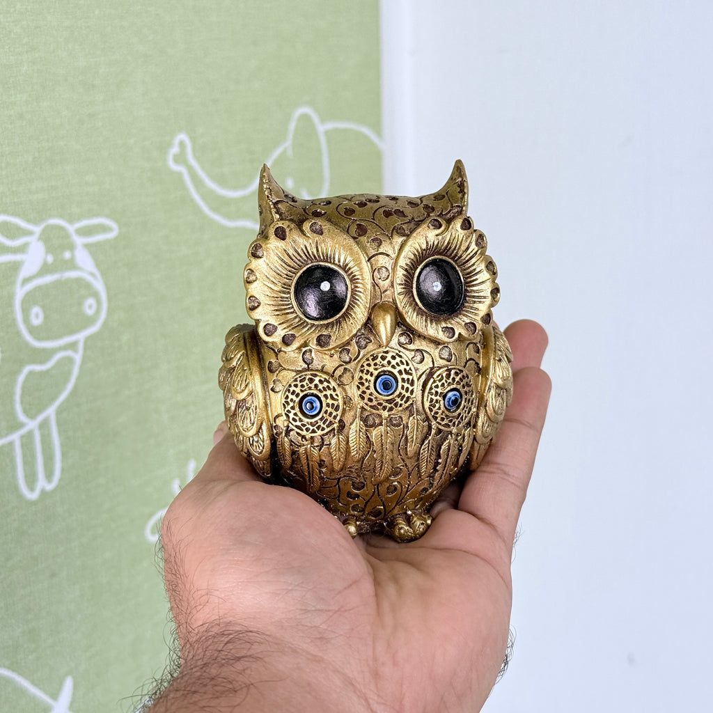 Premium Decorative Owl Resin Showpiece with Evil Eye – Gold & Ivory Variants