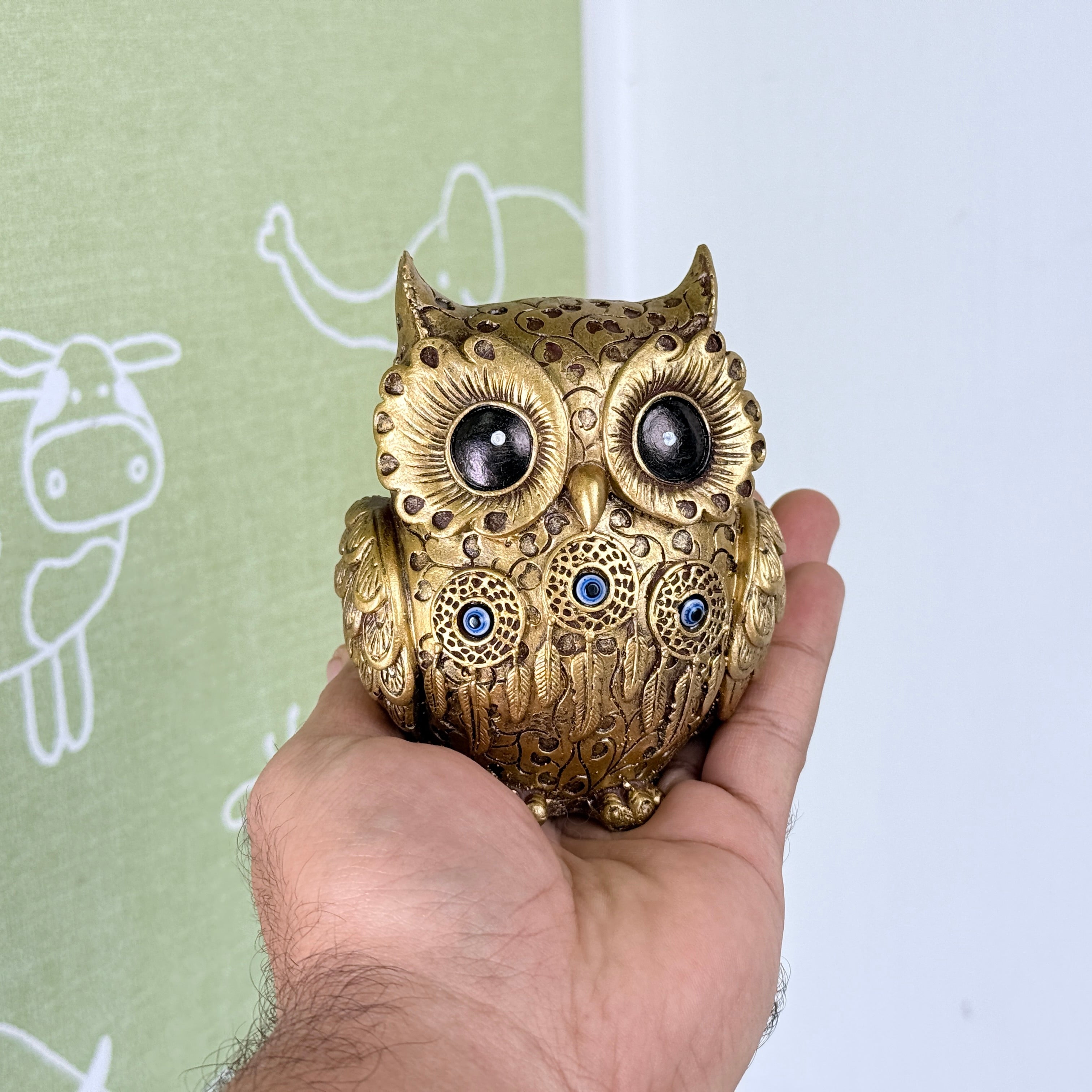 Premium Decorative Owl Resin Showpiece with Evil Eye – Gold & Ivory Variants