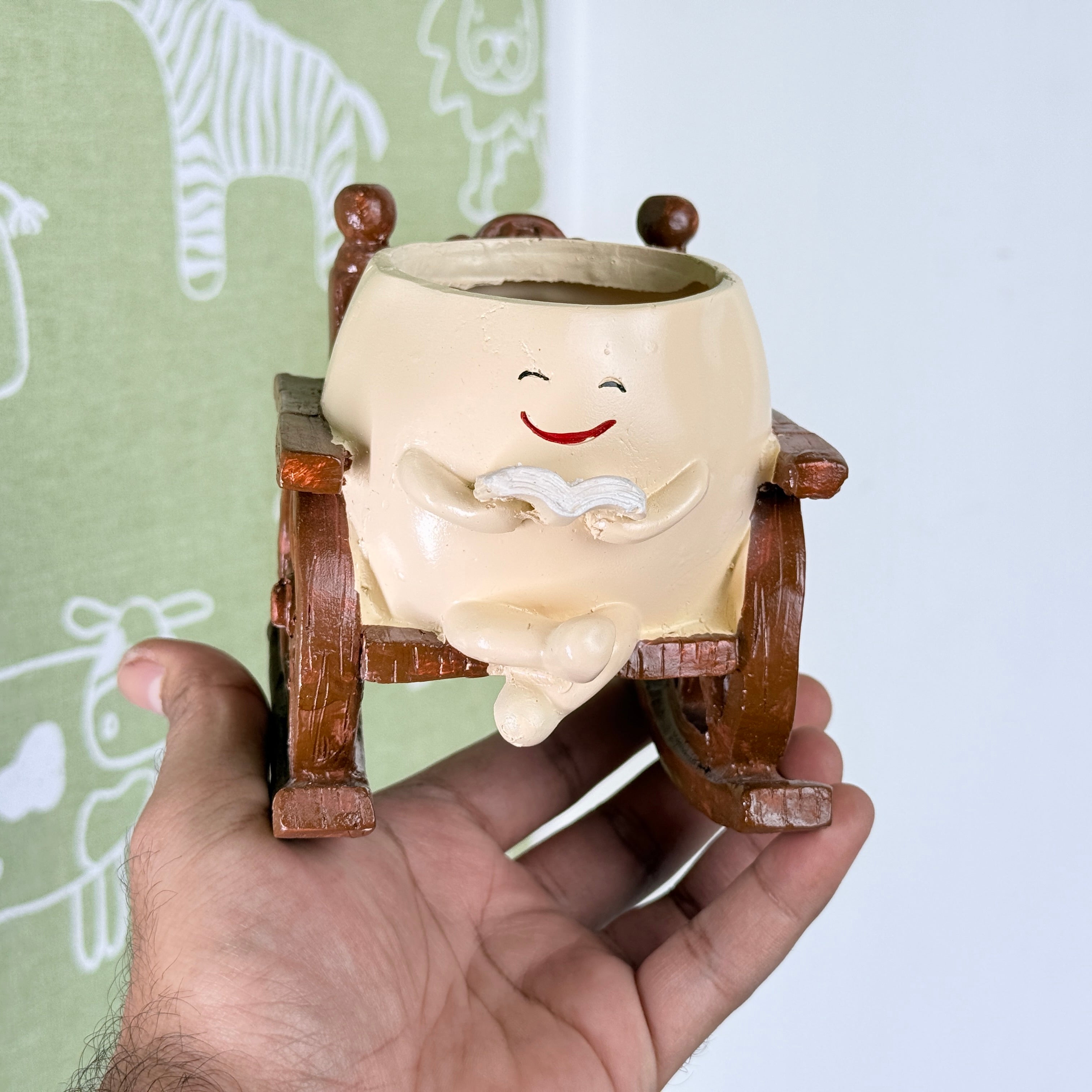 Cute Reading Smiley Rocking Chair Resin Planter Pot – Adorable Character Pot for Home & Desk Décor