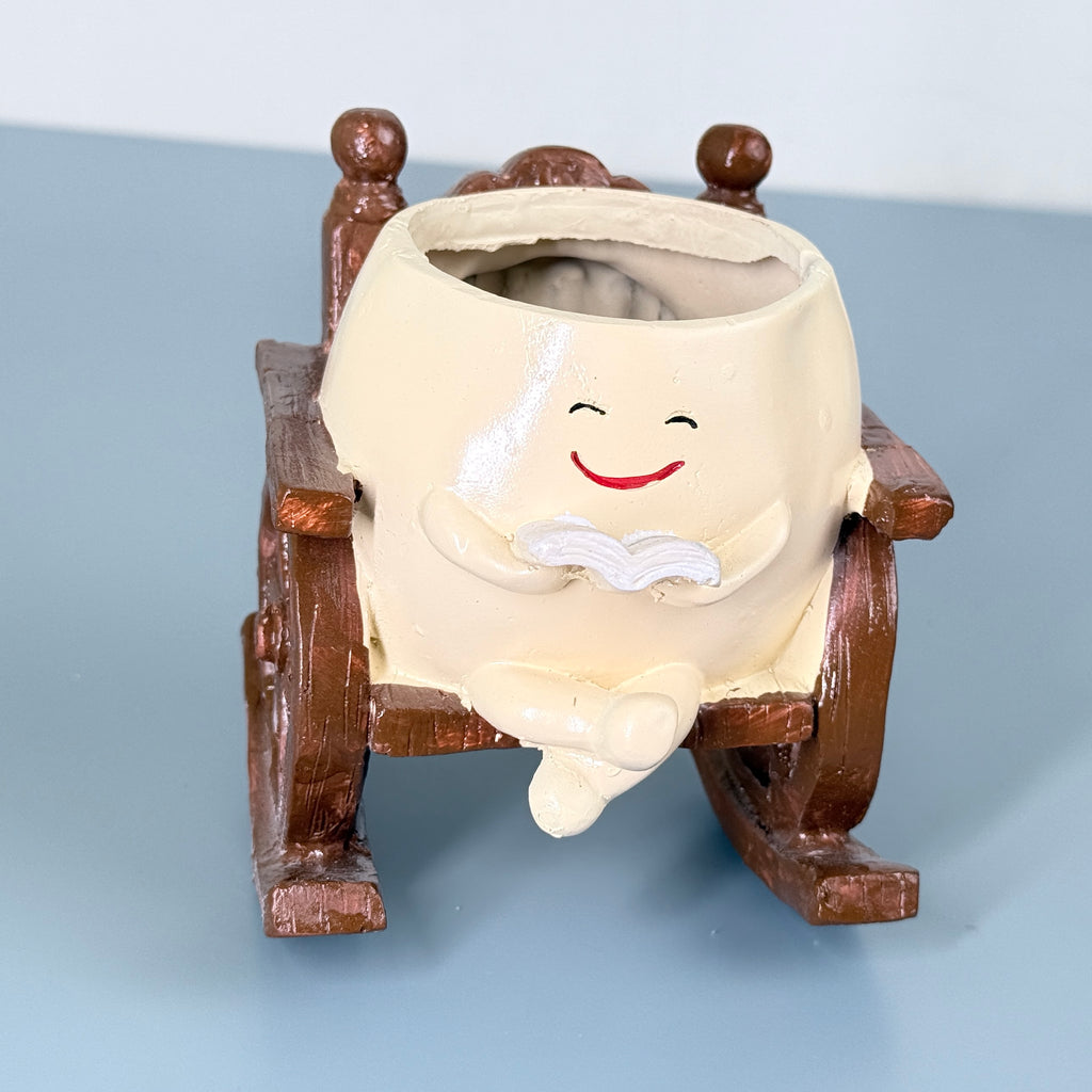 Cute Reading Smiley Rocking Chair Resin Planter Pot – Adorable Character Pot for Home & Desk Décor