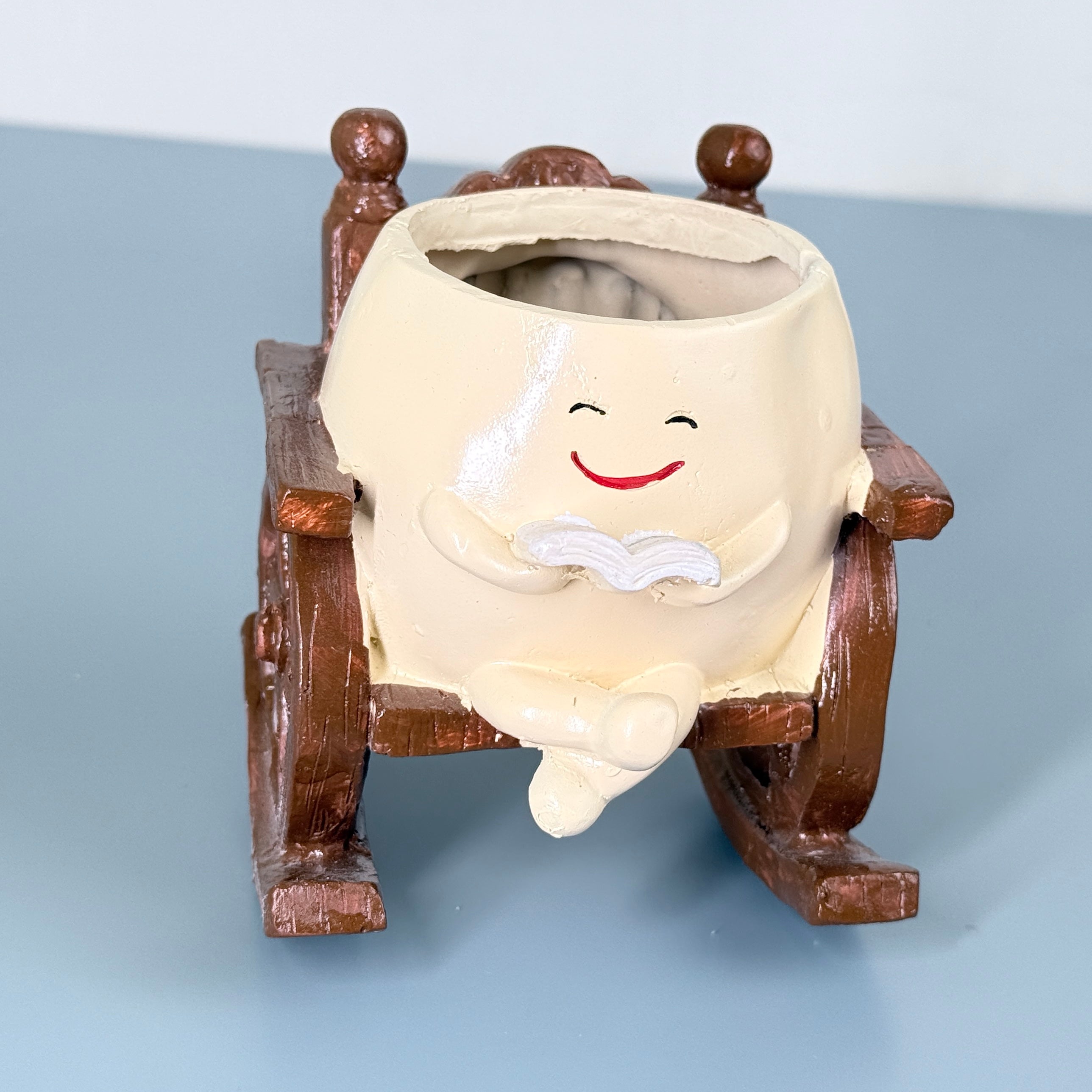 Cute Reading Smiley Rocking Chair Resin Planter Pot – Adorable Character Pot for Home & Desk Décor