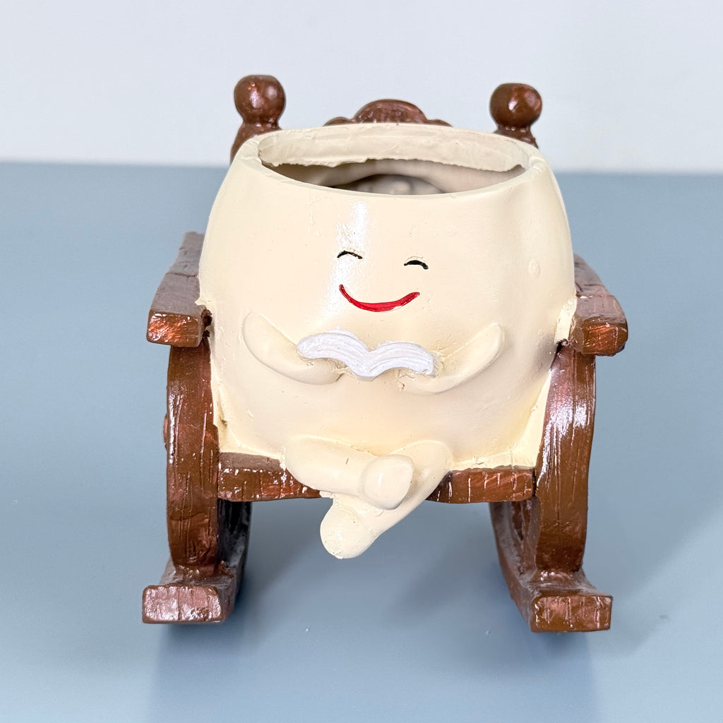 Cute Reading Smiley Rocking Chair Resin Planter Pot – Adorable Character Pot for Home & Desk Décor