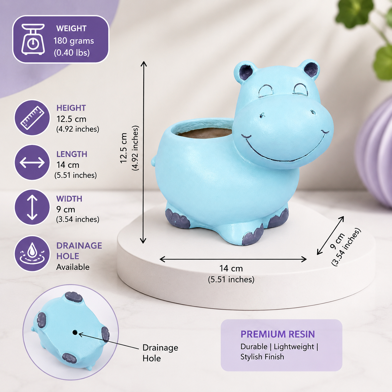Cute Hippo Resin Planter Pot – Adorable Animal Succulent Pot for Desk & Home Décor