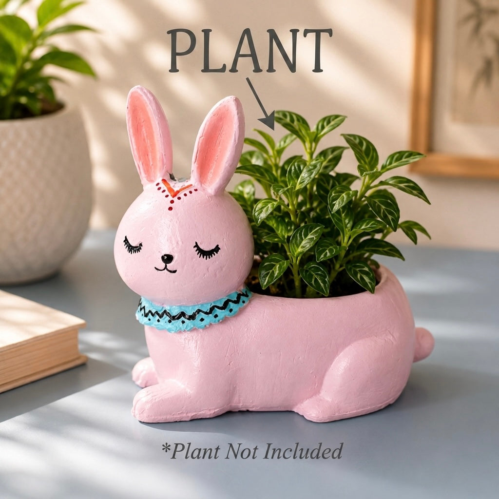 Cute Pink Bunny Resin Planter Pot – Adorable Rabbit Succulent Pot for Desk & Home Décor