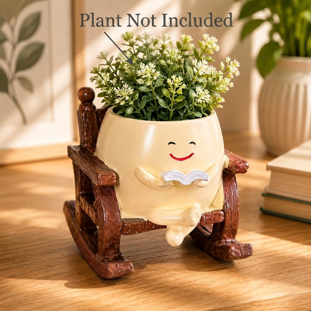 Cute Reading Smiley Rocking Chair Resin Planter Pot – Adorable Character Pot for Home & Desk Décor