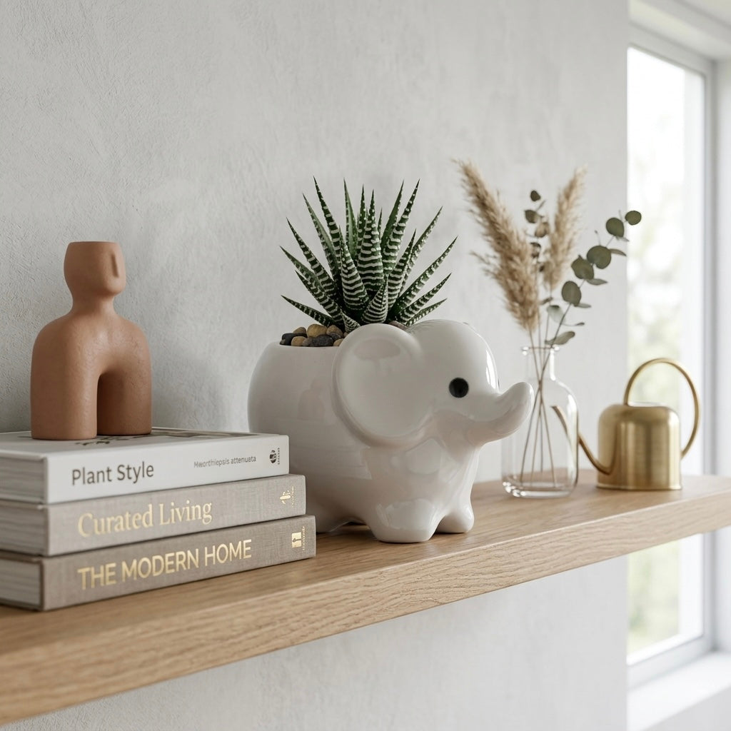 Minimalist White Elephant Ceramic Plant Pot | Cute Animal Succulent Planter for Home & Desk Decor