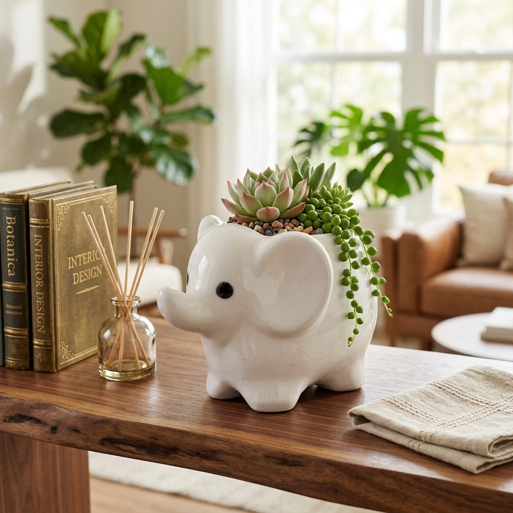 Minimalist White Elephant Ceramic Plant Pot | Cute Animal Succulent Planter for Home & Desk Decor