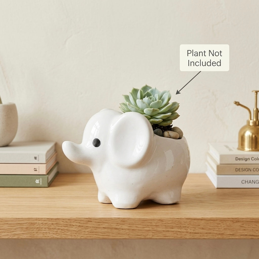 Minimalist White Elephant Ceramic Plant Pot | Cute Animal Succulent Planter for Home & Desk Decor