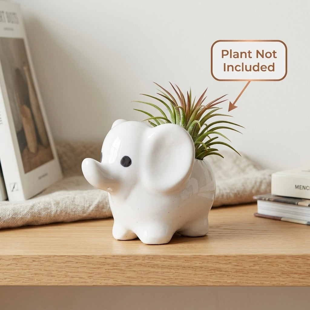 Minimalist White Elephant Ceramic Plant Pot | Cute Animal Succulent Planter for Home & Desk Decor