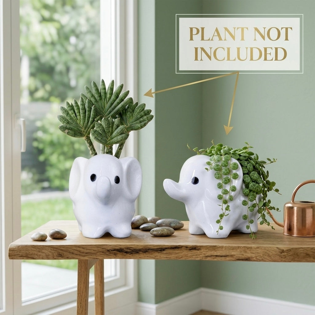 Minimalist White Elephant Ceramic Plant Pot | Cute Animal Succulent Planter for Home & Desk Decor
